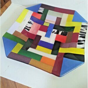 Rare Large Fused & Woven Mosaic Glass Plater 12.5" x 12.5" E&R Glass Labelled